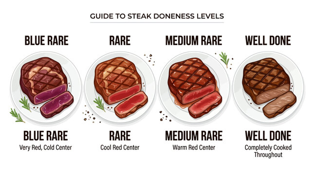 Illustrated Reference Chart Detailing Various Steak Doneness Stages from Blue Rare to Well Done for Culinary Perfection