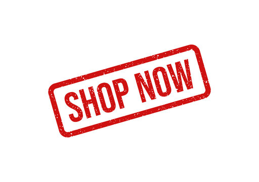 Red shop now button with bold white text and border