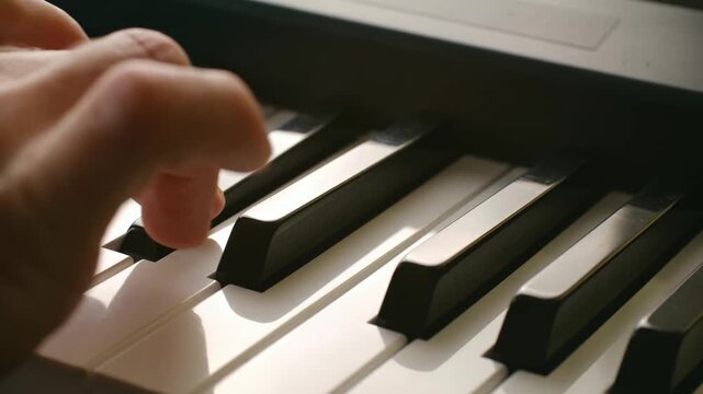 Close up musician hands elegantly playing classical music piece on black and white keys piano, with fingers moving gracefully across keyboard to create beautiful melody. Pianist hands playing on piano