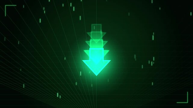 Digital data download animation with glowing green arrow and binary code