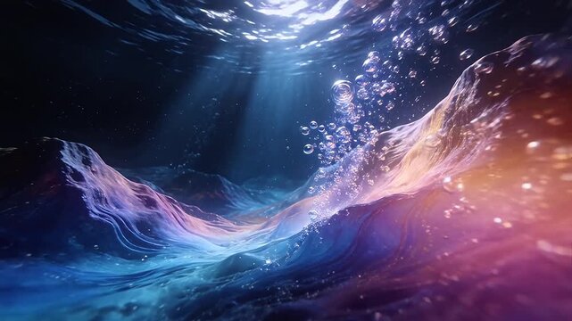 Underwater fluid waves with blue purple orange gradients surrounded by bubbles and light beams