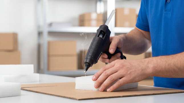 Close-up of a man's hands operating a hot glue gun, attaching white foam to cardboard. Ideal for DIY, craft, and packaging