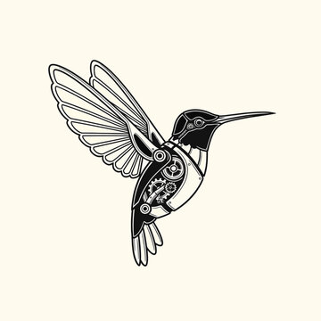 Steampunk mechanical hummingbird vector illustration featuring intricate internal gears, cogs, and clockwork components, black and white silhouette isolated on a solid light background.