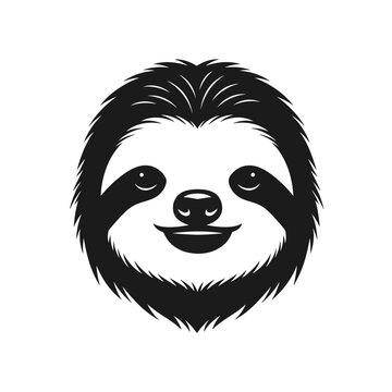 Black and white minimalist vector illustration of a smiling sloth head featuring a friendly facial expression and shaggy fur texture isolated on a white background.