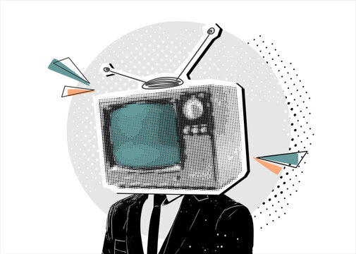 Trendy Halftone Collage person with retro TV monitor head. Digital technology's role in spreading hoaxes and mass media manipulation concept. Vector illustration
