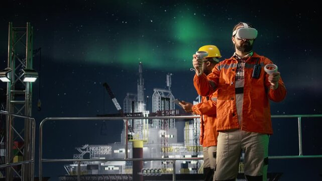 Offshore platform workers using VR headset to monitor fuel shortages caused by embargo slowing operations while drilling rig colleagues evaluate production with virtual reality during oil crisis.