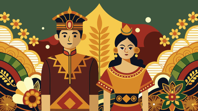 Flat vector illustration of an Indonesian couple wearing ethnic royal costumes with decorative backdrop