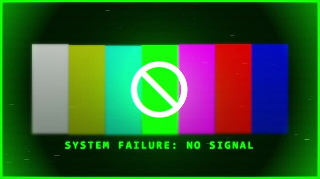 Digital system failure display with no signal error message and color bars