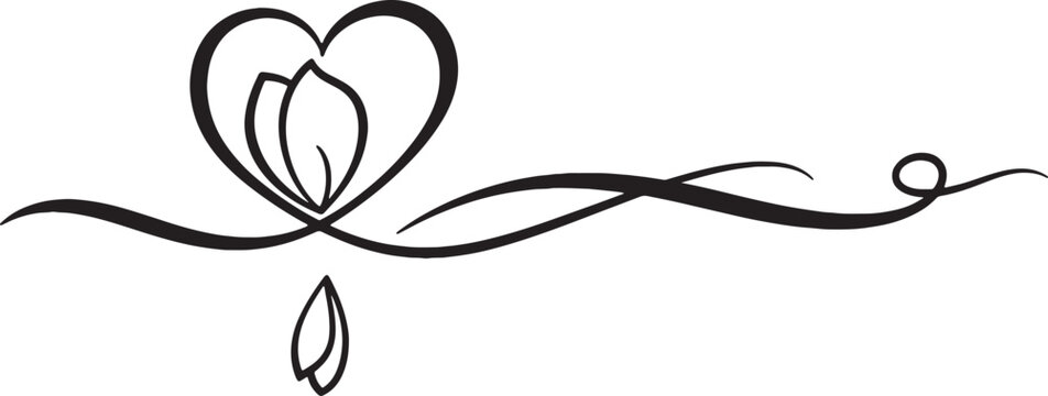 Minimalist black ink drawing featuring a heart shape integrated with leaf or petal motifs and an elongated decorative scroll element for wedding or romantic design themes.