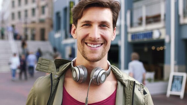 Happy, tourist and face of man in city with headphones for travel, holiday and weekend abroad. Smile, tourism and portrait of person in town for vacation, sightseeing and explore on trip in Germany