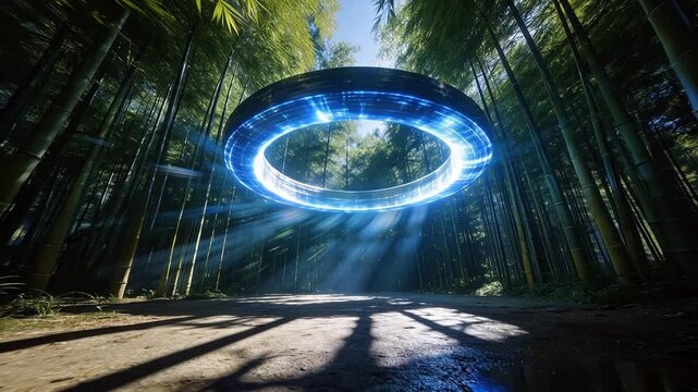 Giant glowing blue ring structure in green bamboo forest with water puddles and sunlight