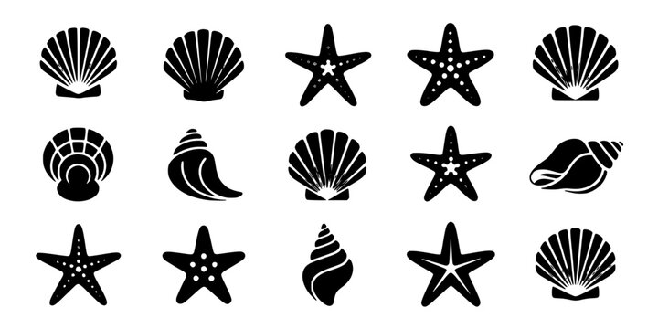 Seashell Icon Set Featuring Starfish, Spiral Shell, and Scallop Shells in Bold Vector Style on White Background
