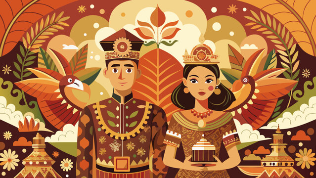 Stylized Vector Illustration of Indonesian Bride and Groom in Traditional Ethnic Wedding Attire