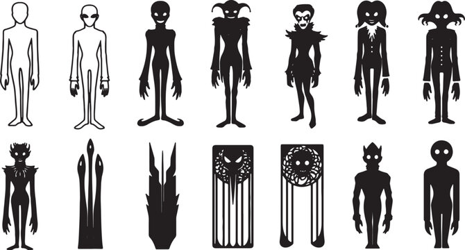 Silhouette collection of thirteen diverse humanoid figures including alien beings, dark jesters, gothic monsters, and abstract fantasy creatures isolated on a plain white background.