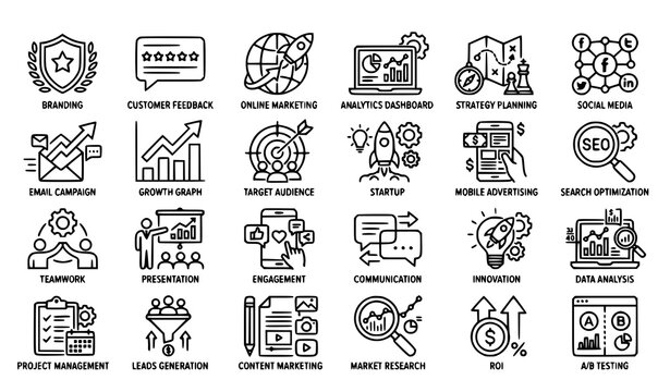 Digital marketing business strategies finance analytics data tracking startup management development and seo optimization linear outline icons set