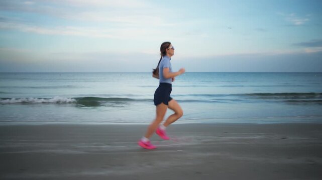Female runner jogging along seashore during sunset athletic woman training outdoors by ocean beach fitness exercise and healthy lifestyle in summer