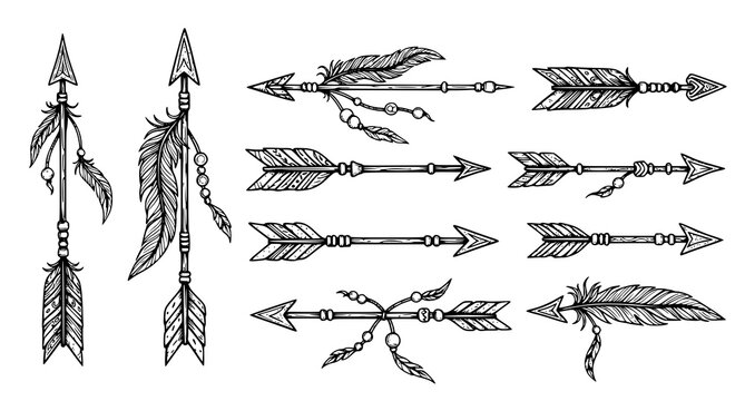 Hand drawn rustic tribal boho arrows with realistic vintage feathers and beads set for ethnic logo design vector illustration