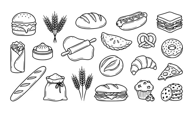 Bakery and pastry line art vector icon set with bread wheat croissant rolling pin and cookies isolated on white background