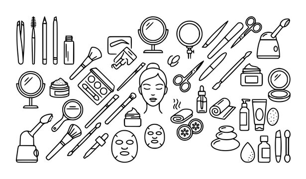 Minimalist beauty salon outline illustration collection featuring makeup accessories spa elements and female face icons for web banner layout designs