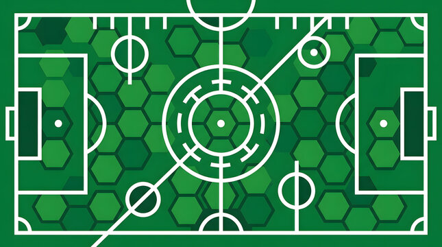 Abstract Soccer Field Tactical Board Illustration with Hexagonal Pattern Background, Top View Football Pitch Layout for Sports Strategy, Coaching Analytics, and Game Planning Graphics