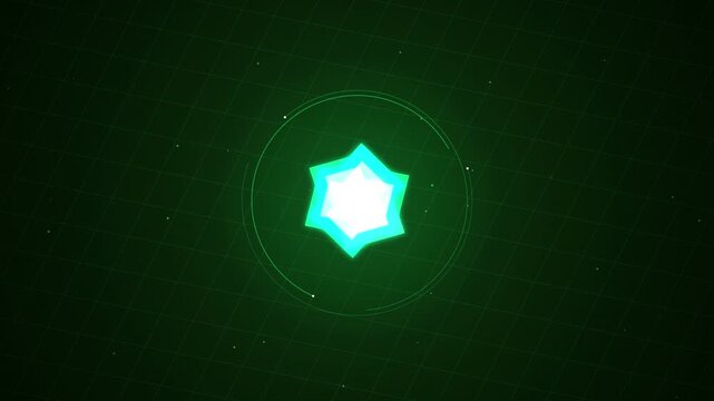 Five glowing green digital data blocks orbiting in a circular formation on dark background