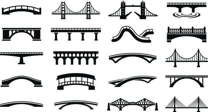 Bridge silhouettes set with suspension arch cable stayed and drawbridge icons vector illustration isolated on white background.