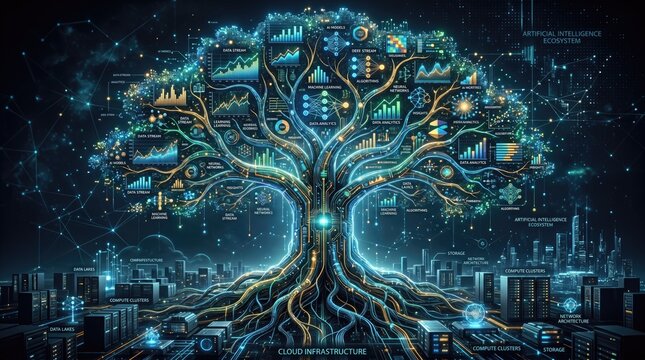 Glowing tree with data visualization and cityscape at night