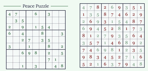 Sudoku puzzles on a light background, featuring green and red numbers, mental challenge, educational game © Елена Сайкина