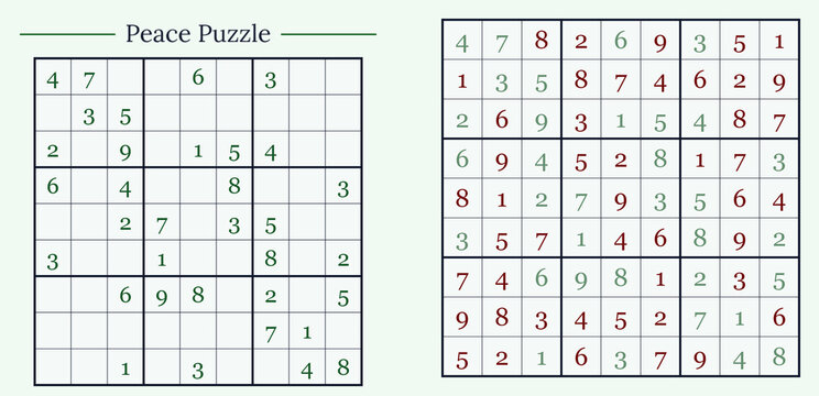 Sudoku puzzles on a light background, featuring green and red numbers, mental challenge, educational game