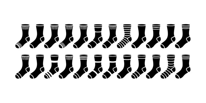 Socks in Various Patterns and Colors Arranged in Two Rows Featuring Stripes, Polka Dots, Black with White and Pairs Elements for Clothing, Footwear