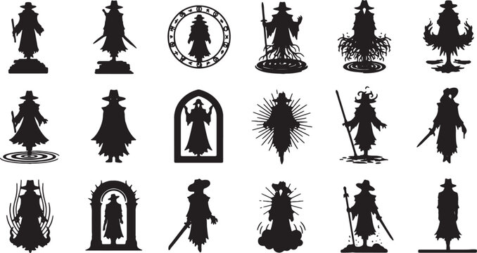 Collection of 18 black silhouette icons depicting mysterious fantasy characters, wizards, and hunters wearing wide-brimmed hats and long coats, featuring magic circles and gothic weapons.