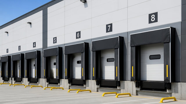 A row of modern loading dock bays on a warehouse building