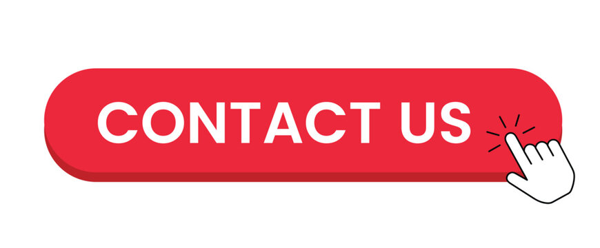 Red contact us button with hand pointer flat vector illustration on white background click element graphic design interface digital communication support