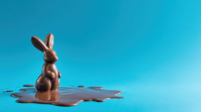 Chocolate bunny sculpture standing in puddle of melted liquid cocoa over bright blue background for easter holiday concept with minimalist composition and copy space for text design.