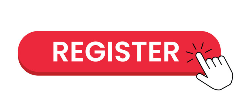 Red register button with hand pointer flat vector illustration on white background click digital interface element graphic design sign form submit