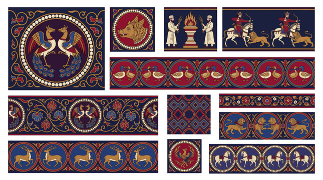 Central Asian Sogdian Silk Road Roundel Border Frame Vector Set with Simurgh Bird Pearl Border Boar Wings Zoroastrian Fire Altar Hunting King Confronted Duck and Silk Road Design