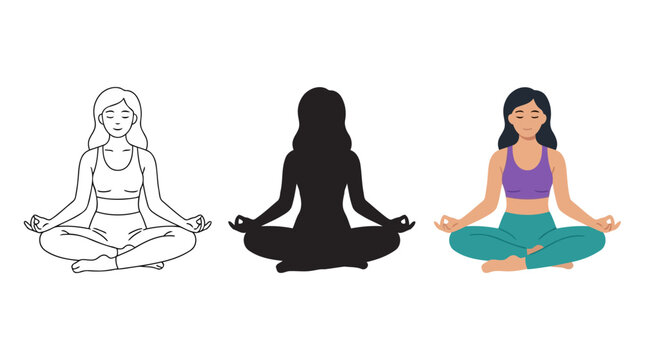 Woman Meditating Vector Illustration Set with Outline Silhouette and Color Character