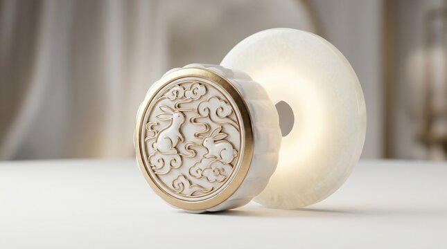 Photorealistic 3D render of luxury modern mooncake with white and gold texture for mid autumn festival