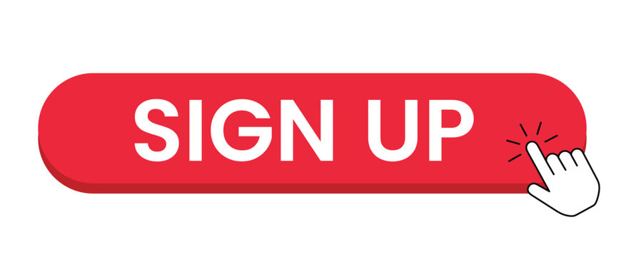 Sign up button with hand pointer flat vector illustration on white background signup sign up register click finger design red graphic element