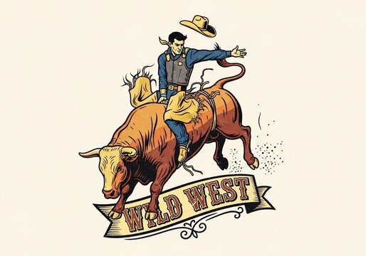 Bold linework and vibrant hues capture a bronc rider's electrifying moment.