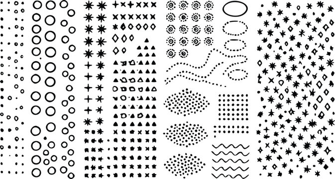Hand drawn doodle shapes vector set featuring circles stars triangles dots and wavy lines for creative graphic design projects