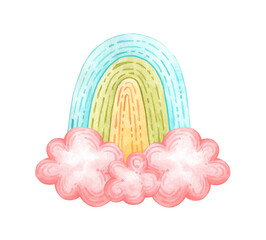 Obraz premium Rainbow in blue, green and yellow with pink clouds below, watercolor isolated from background. For nursery decor, birthday cards, spring invitations and children wall art.