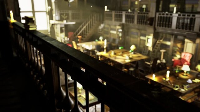 Ornate wooden railing framing research tables and boxes of manuscripts, archival atmosphere with muted light, conservator role implied by careful arrangement