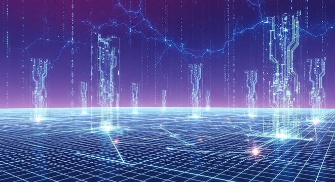 Digital Technology Abstract Background with Glowing Circuit Pillars and Data Grid.