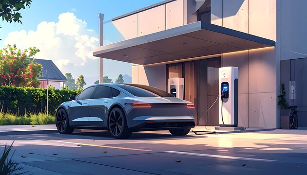 A sleek silver sports car charging at a modern home