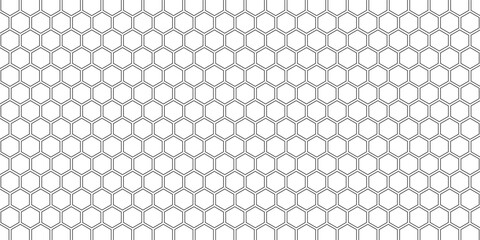 Seamless pattern with outline hexagon grid. Honeycomb net backdrop. Abstract background with geometric line grille. Black hexagon mesh, vector illustration © VektorCollection