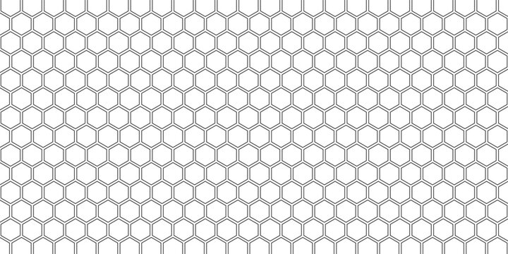 Seamless pattern with outline hexagon grid. Honeycomb net backdrop. Abstract background with geometric line grille. Black hexagon mesh, vector illustration