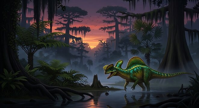 Dilophosaurus Dinosaur in Prehistoric Swamp Landscape at Sunset.