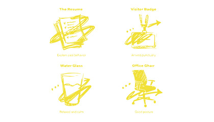 Obraz premium Job Interview Essentials: Resume, Visitor Badge, Water Glass, Office Chair