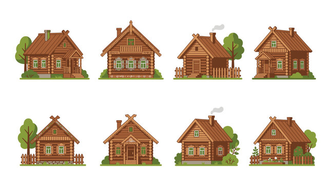 Seven small brown houses with roofs.